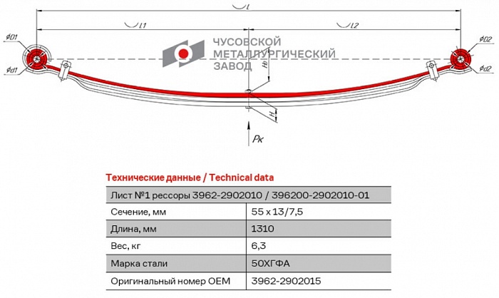 Передний коренной рессорный лист №1 УАЗ 452 (2206, 3962, 3303, 3909)