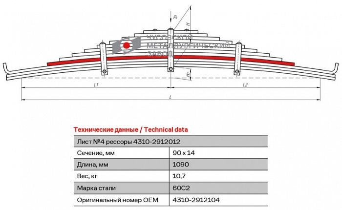 Задний рессорный лист для автомобилей производства ПАО "Камаз" №4 43101, 43106, 43114, 5320, 5410, 55102, 53205