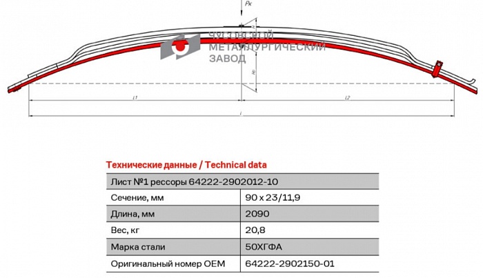 Передний коренной рессорный лист №1 МАЗ 54321, 64229, 54323, 54336, 64226, 64221, 64222