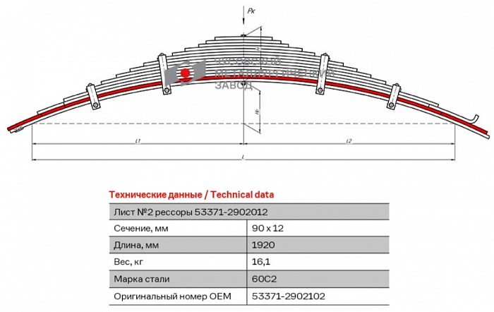 Передний подкоренной рессорный лист №2 МАЗ 53371