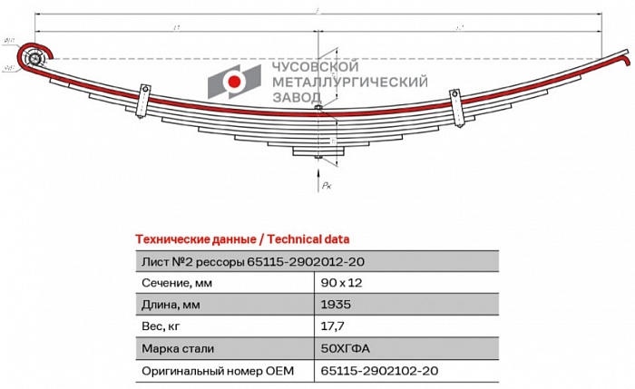 Лист подкоренной передний рессорный №2 для автомобилей производства ПАО "Камаз" 43118, 6460, 65115, 65116, 65117