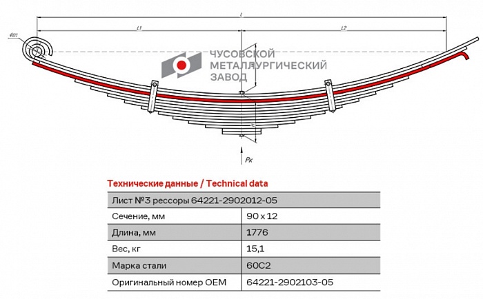 Передний рессорный лист МАЗ 64221