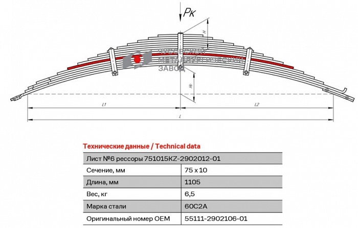Передний рессорный лист №6 для автомобилей производства ПАО "Камаз" 55111