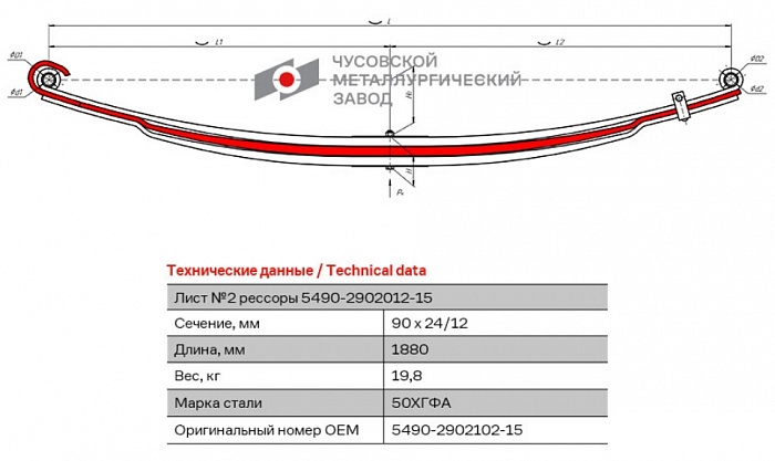 Подкоренной рессорный лист №2 для автомобилей производства ПАО "Камаз" 5490-2902050-15 для передней 3-листовой рессоры