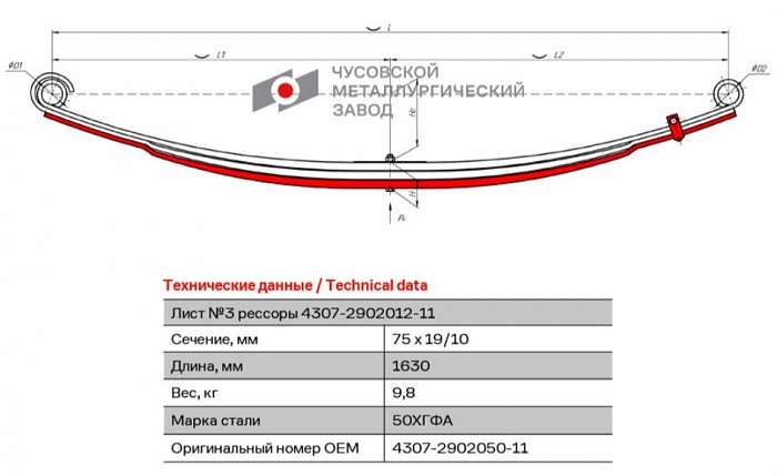 Передний рессорный лист №3 для автомобилей производства ПАО "Камаз" 4307