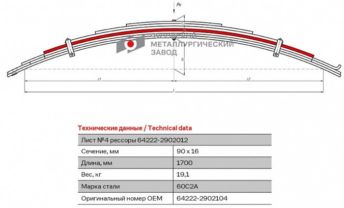 Передний рессорный лист №4 МАЗ 64222